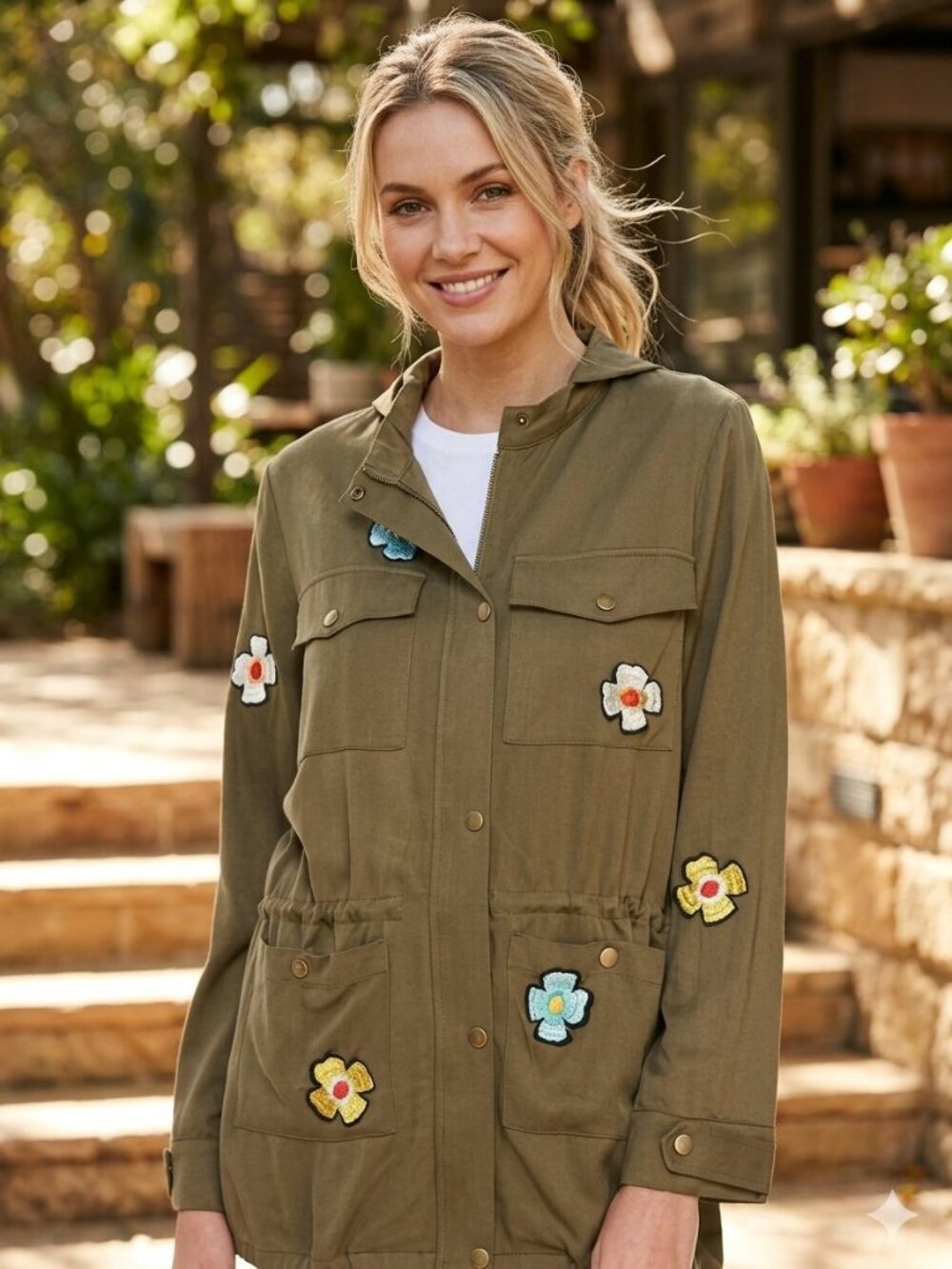 English Factory Olive Green Floral Embellished Military Utility Hoodie Jacket